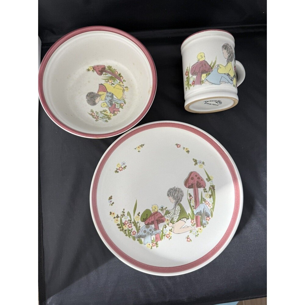 Dream Weavers Denby Langley England Mushrooms Flowers Set, Plate, Bowl, And Cup